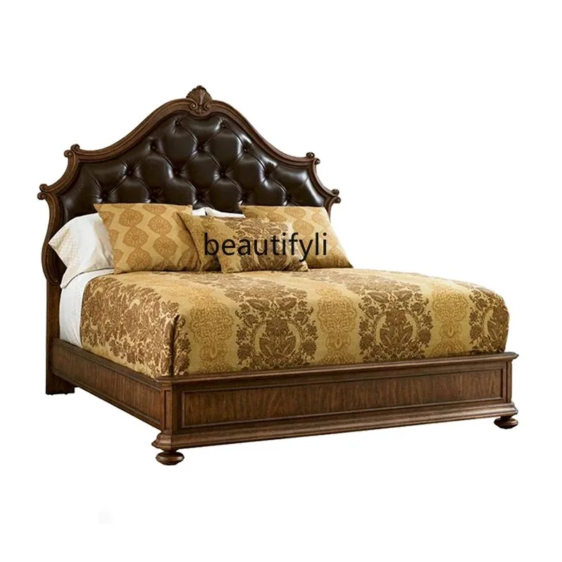 QQ132 American-Style Solid Wood Carved Double Bed Villa Furniture 1.8 M Luxury Bed in Master Bedroom Cowhide Master Bed