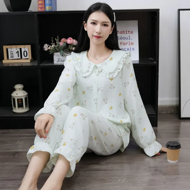 

Cloud Cotton Pajamas Women Summer New Loungewear Sweet Cute Ruffled Edge Homewear Thin Long Sleeved Pants Cardigan Sleepwear Set