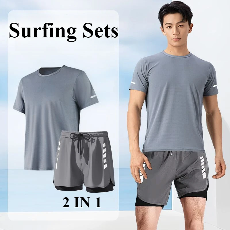 Summer Men Swimsuit Quick Dry Swimwear Swimming Tops+Trunks UPF50+ BeachSport Rash Guard Short Surfing Bathing Suit Set