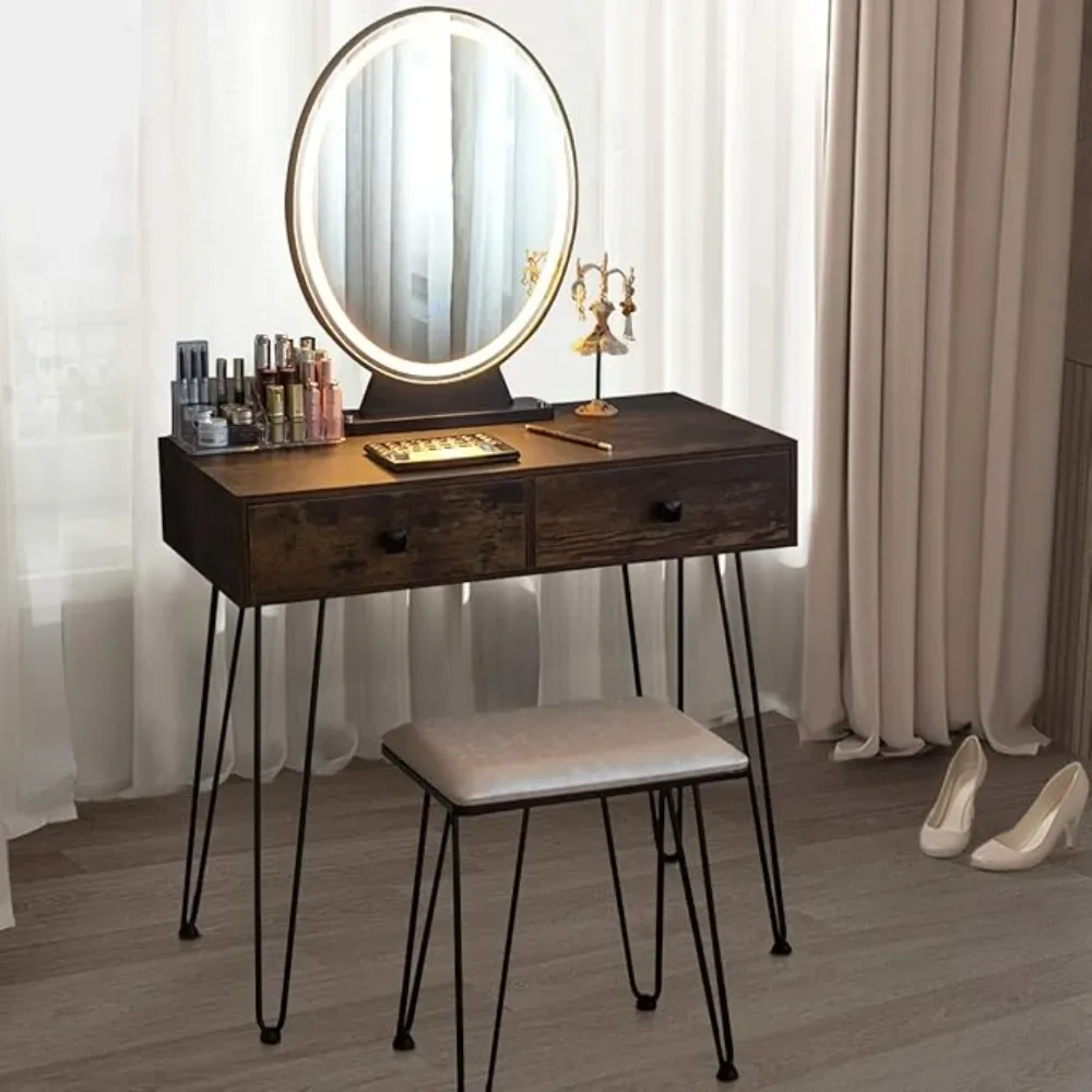 Make-up table with illuminated mirror and stool, 3 drawers and 3 storage shelves, 3 lighting sets with adjustable brightness