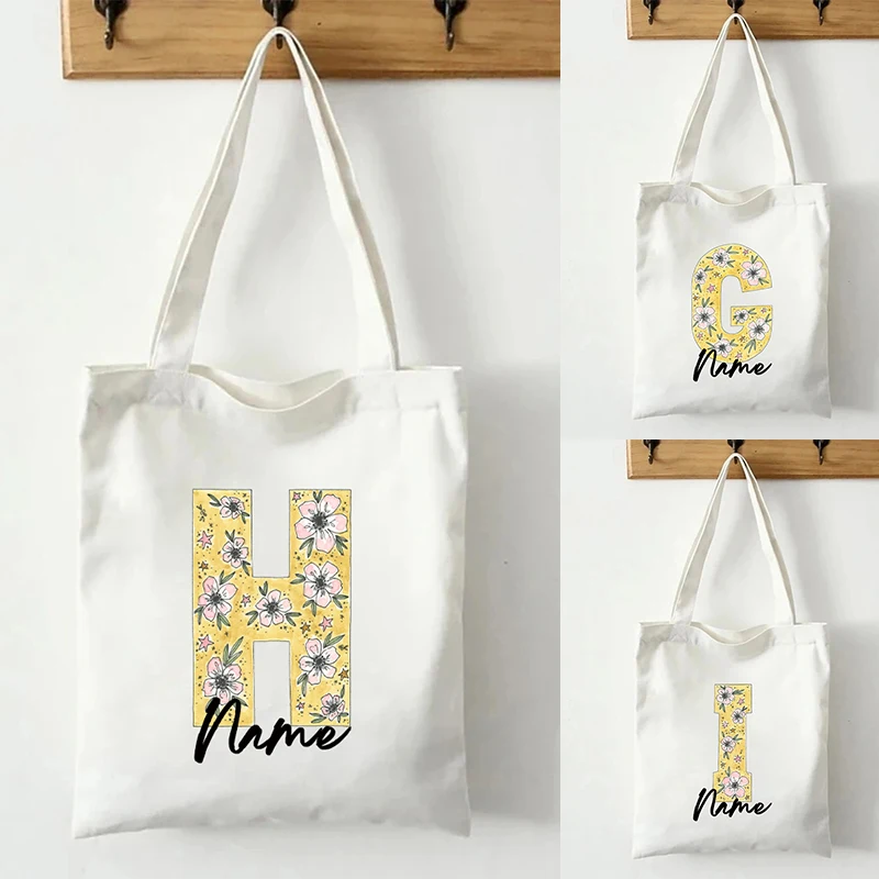 Flower Initials A-Z Personalized Name Tote Bag Organizer Travel Storage Shoulder Bag Handbag Reusable Shopping Bags Custom Gifts