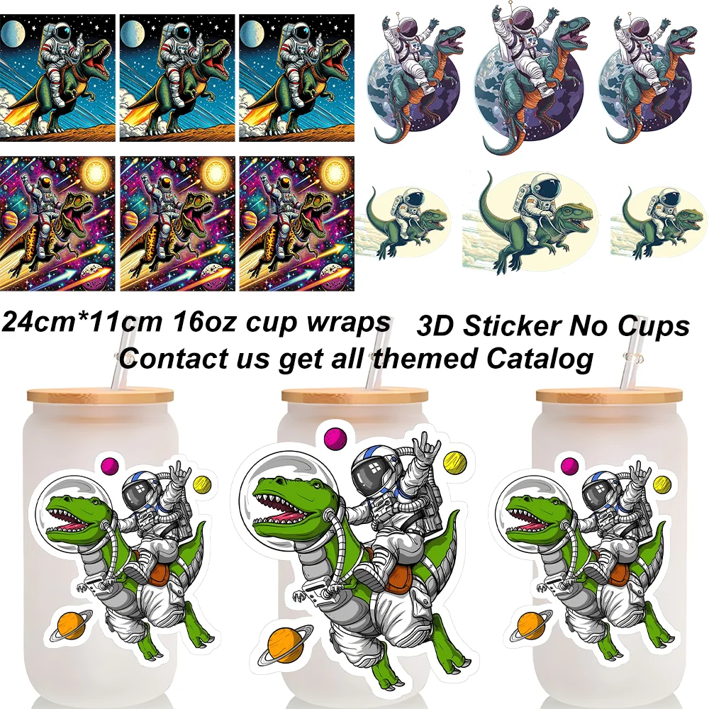Space Astronaut Ride Dinosaur UV DTF Cup Wraps 16oz Libbey Glass Can 3D Cold Transfer Stickers Galaxy Planet Waterproof Decals