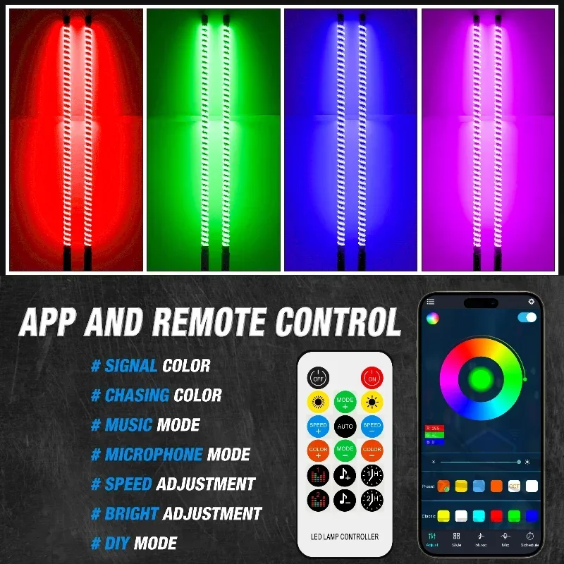 2PCS/1pc 3FT/30cm  0.3M Whip Lights With APP Remote Control For RZR SXS Can-Am Led RGB Antenas for ATV Off- Road Vehicle