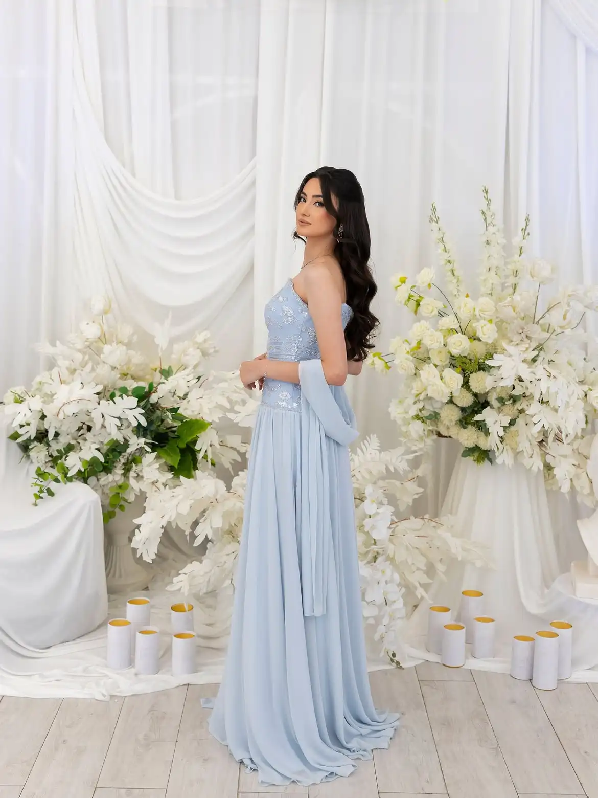 For Bridesmaid Engagement Henna Party | Strapless Rhinestone Beaded Bodice Flowy Chiffon A Line Maxi Dress With Matching Arm Sas