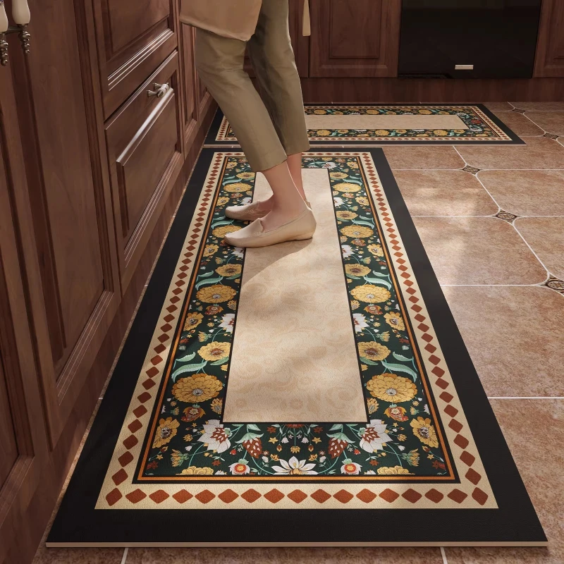 Kitchen Mat PVC Waterproof Oil-proof Non-slip Leather Floor Mat Retro Floral Rug Long Size Rugs Home Decor Alfombrilla De Cocina