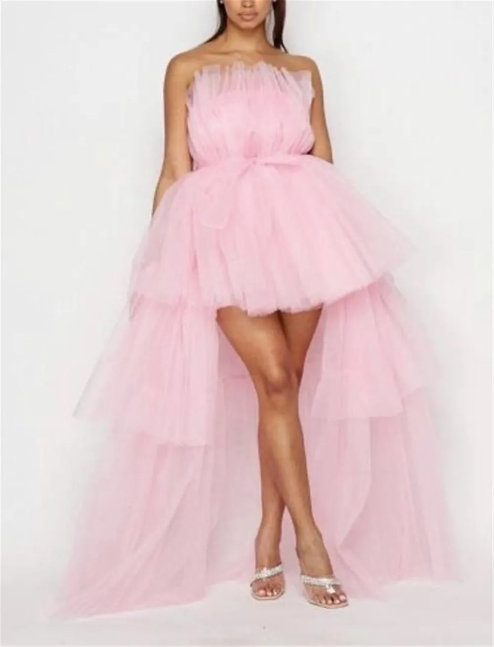 Women High Low Tulle Dress Strapless Solid Color Mesh Tiered Cocktail Party Dress Prom Gown
