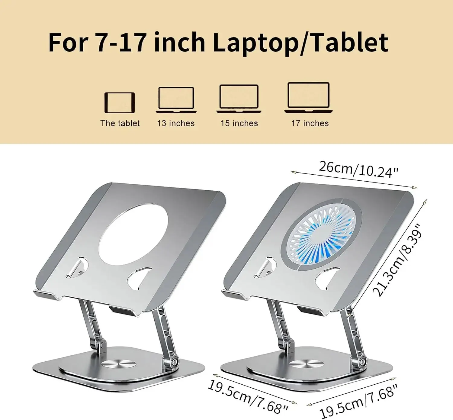 Supporto per Laptop supporto di raffreddamento per Tablet in lega di alluminio girevole a 360 ° con ventola pieghevole supporto per radiatore ascensore antiscivolo per 7-17 pollici