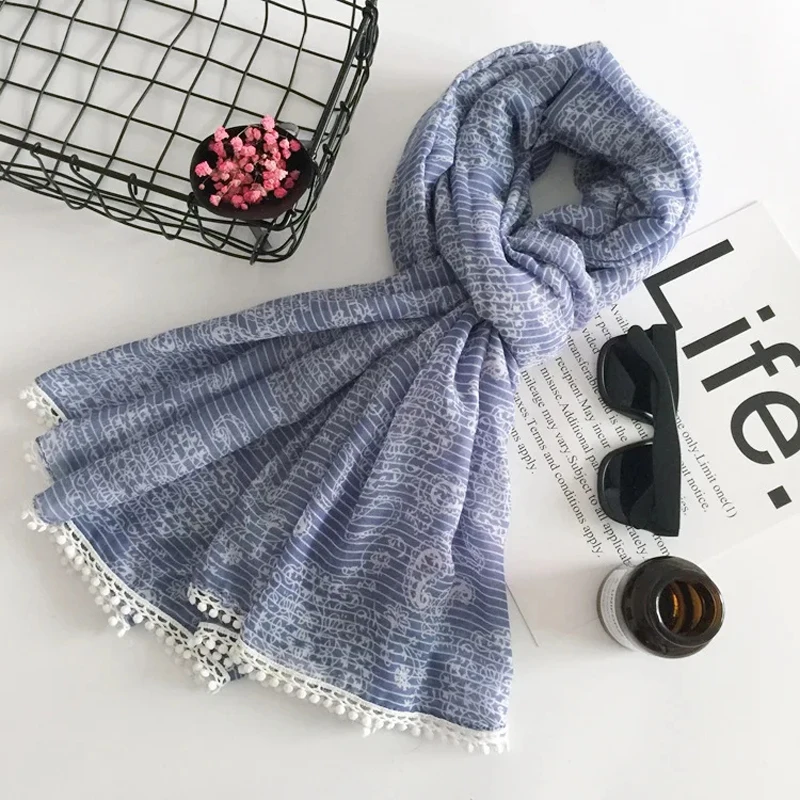

New Fashion Blue Cashew Floral Print Scarf Shawls Lace Ornament Trim Flower Muslim Scarves Wrap 10pcs/lot Wholesale