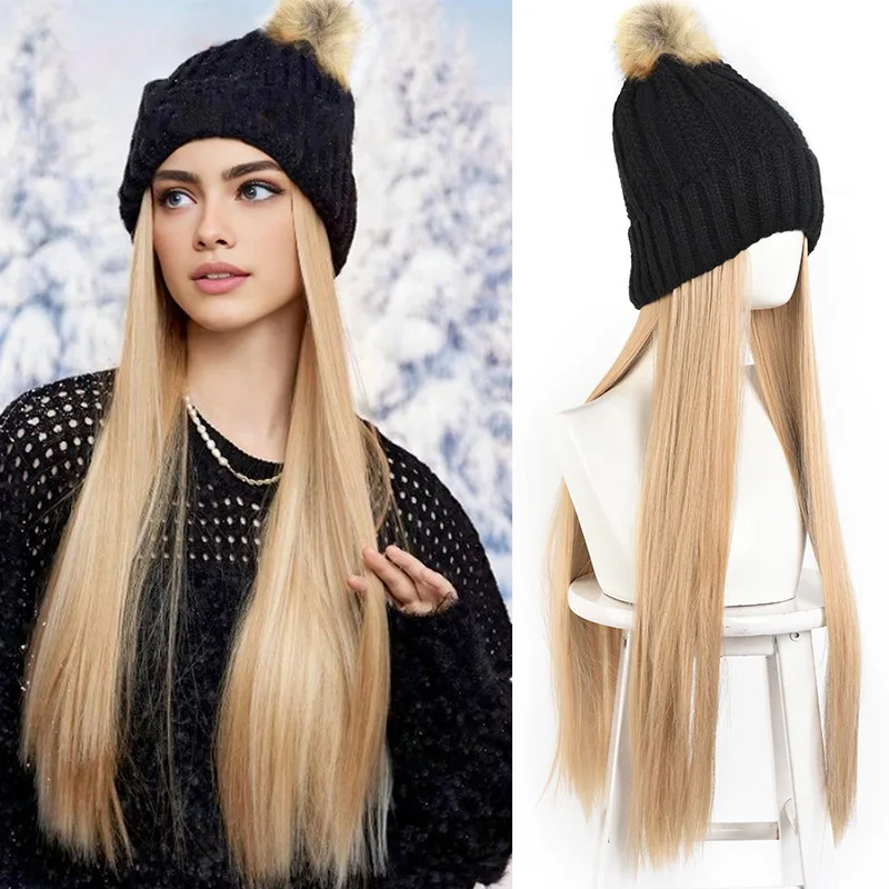 Ski Hat Fleece Lined Knit Beanie Hat Wig Long Straight Synthetic Hair Winter Warm Integrated Hat Wig For Women