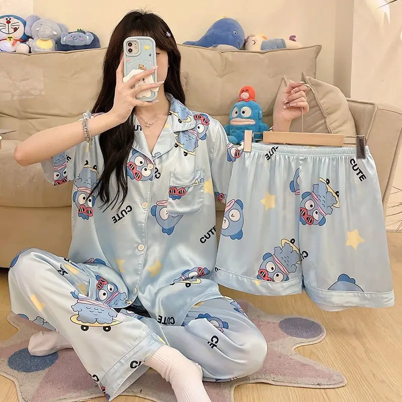 

3 шт. пижамный комплект Sanrio Kuromi, новый стиль Hangyodon для девочек, кавайный принт, летняя домашняя одежда с короткими рукавами и героями мультфильмов, пижамы для девочек, подарок