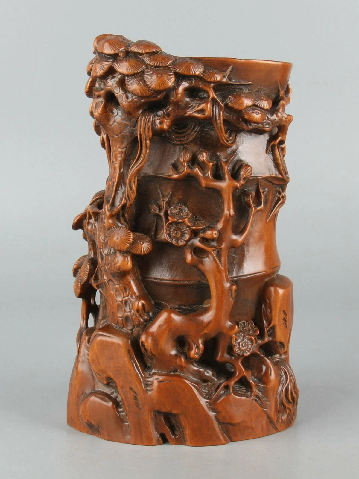 Chinese Exquisite Hand-carved Pine Bamboo Carving Boxwood Brush Pot