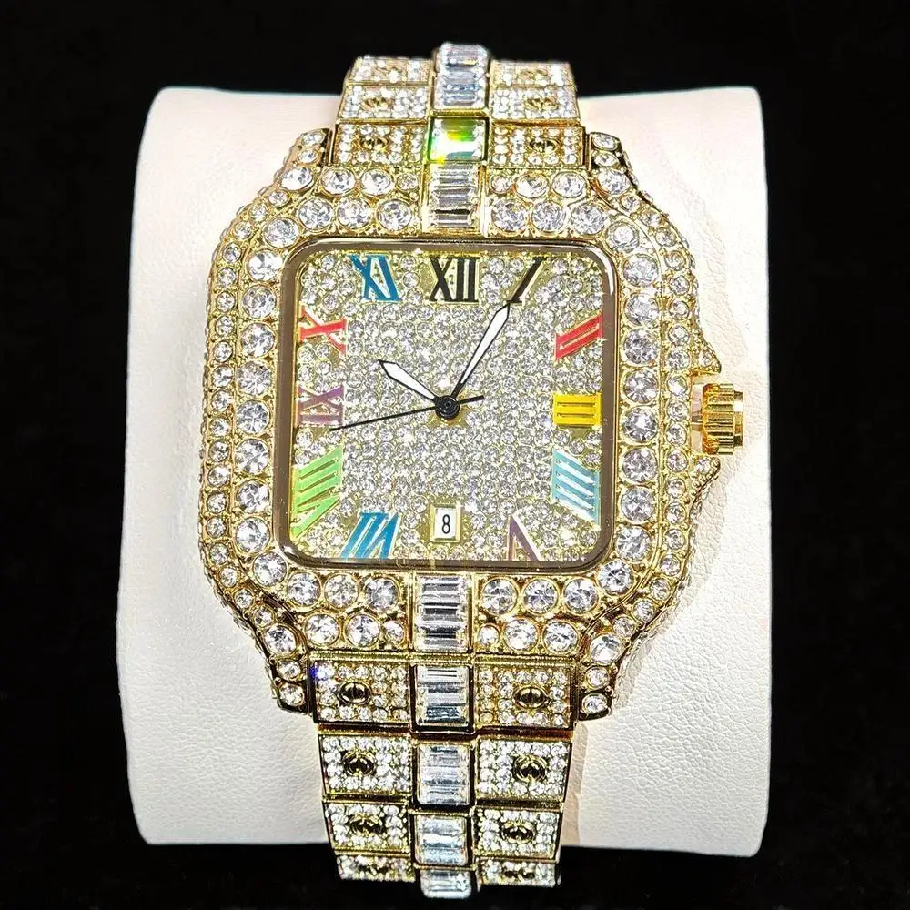 Gold Square Ice Watches Men Luxury Stainless Steel Quartz Clock Man Hip Hop Diamond Colored Roman Literal Wristwatch Droshipping