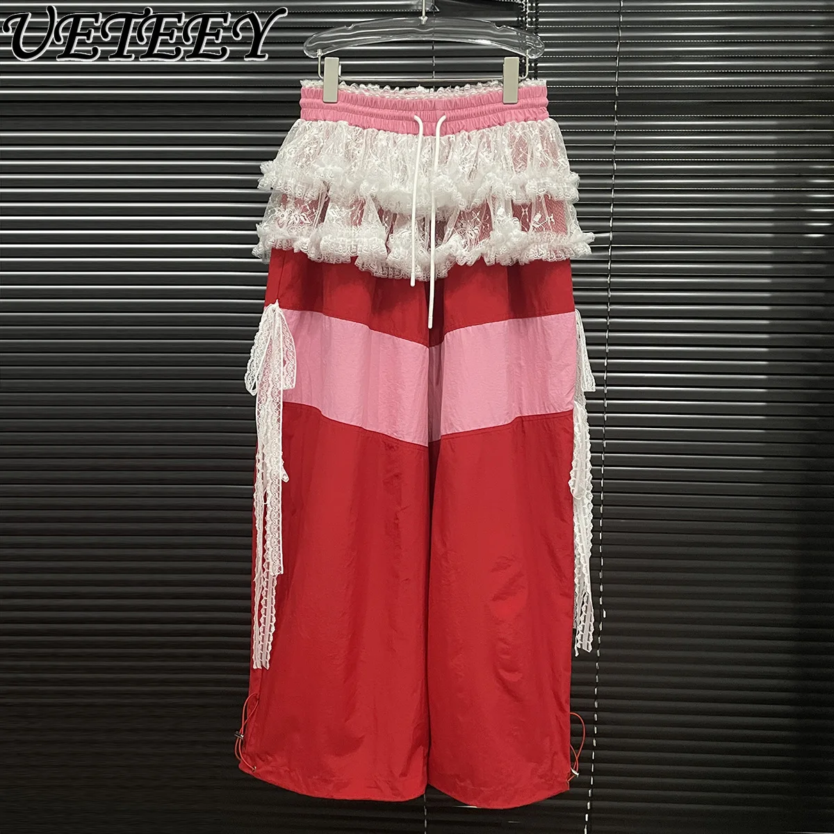 

Splicing Lace Casual Baggy Pants Women's 2025 Spring and Autumn Niche Design Lace-up Contrasting Color Wide-leg Trousers