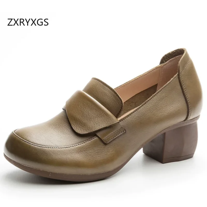 ZXRYXGS 2026 High-end Top Cowhide Full Real Leather Shoes Thick Mid Heels Classic Retro Soft Sole Women Elegant Fashion Shoes