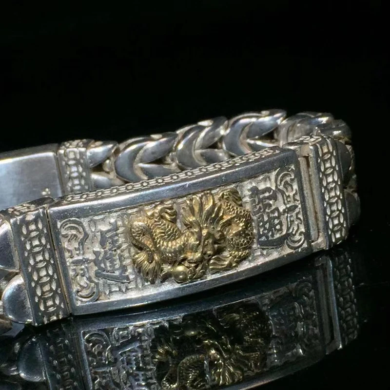 Chinese Tibet Silver Carving dragon statue bracelet Decoration gift Collection