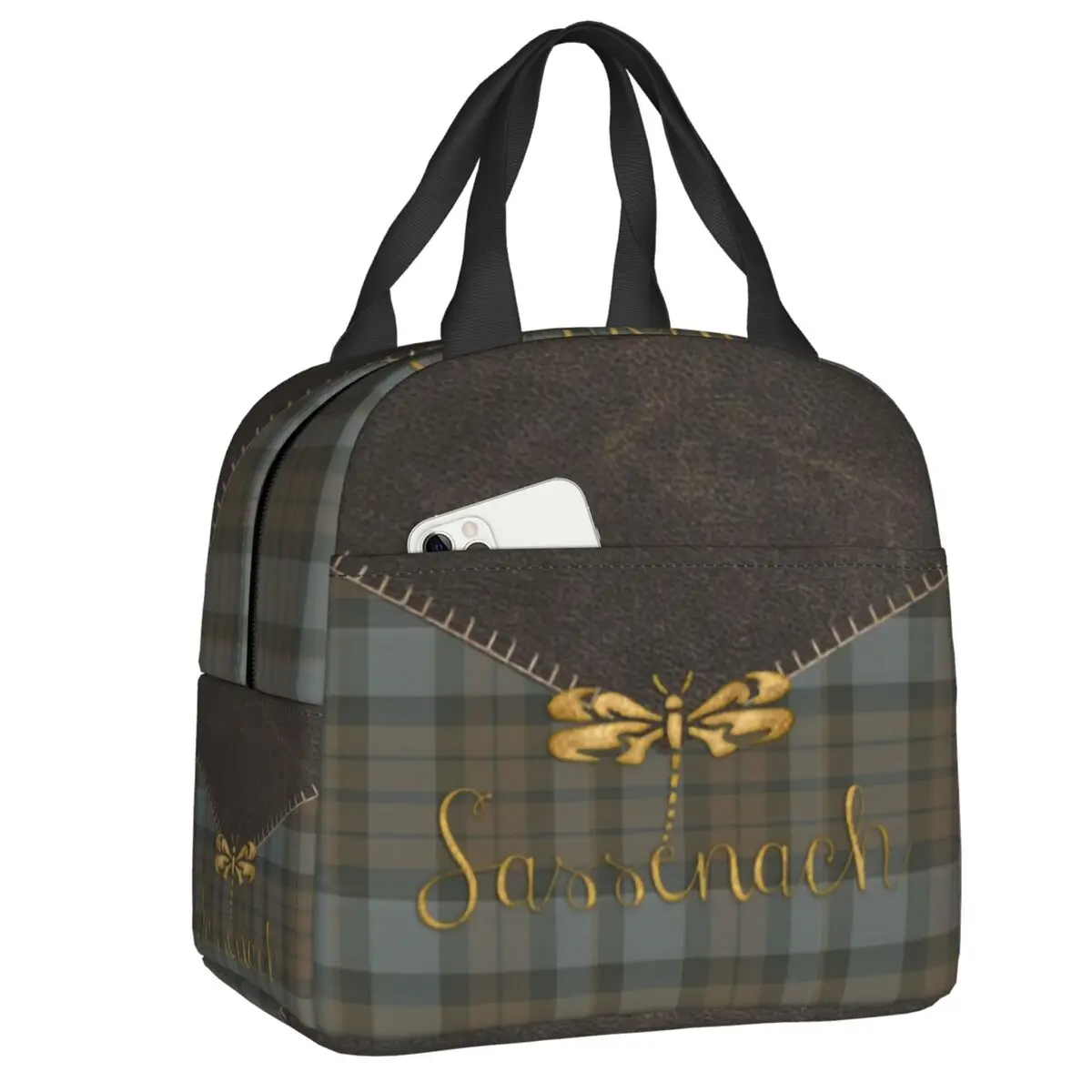 

Custom Leather And Tartan Sassenach Dragonfly Pattern Insulated Lunch Bags for Women Cooler Thermal Bento Box Work School Travel
