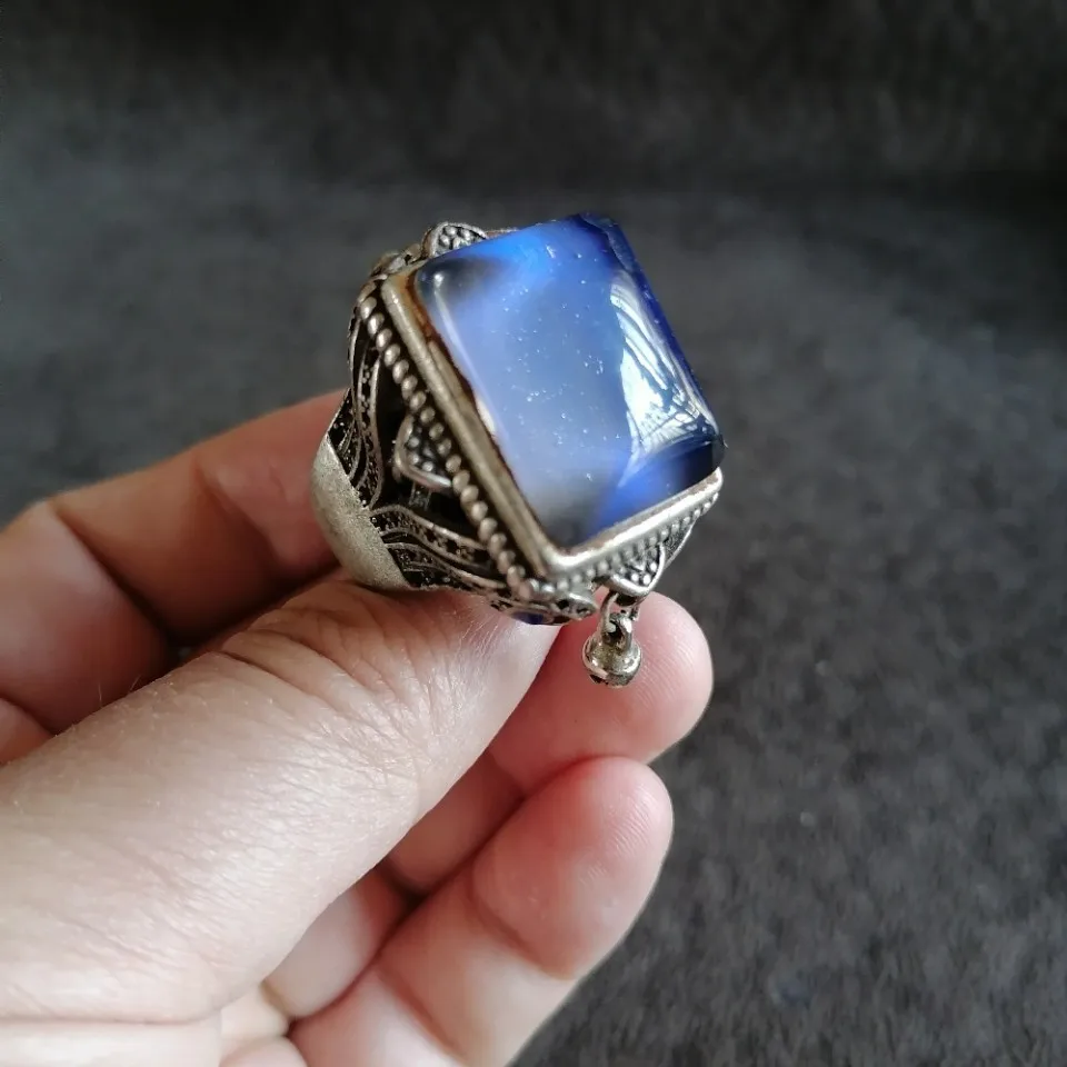Tibetan Reflow Vintage Old Silver Inlaid Color-changing Gemstone Exquisite Handmade Live Mouth Ring Bell Ring Men's Trendy