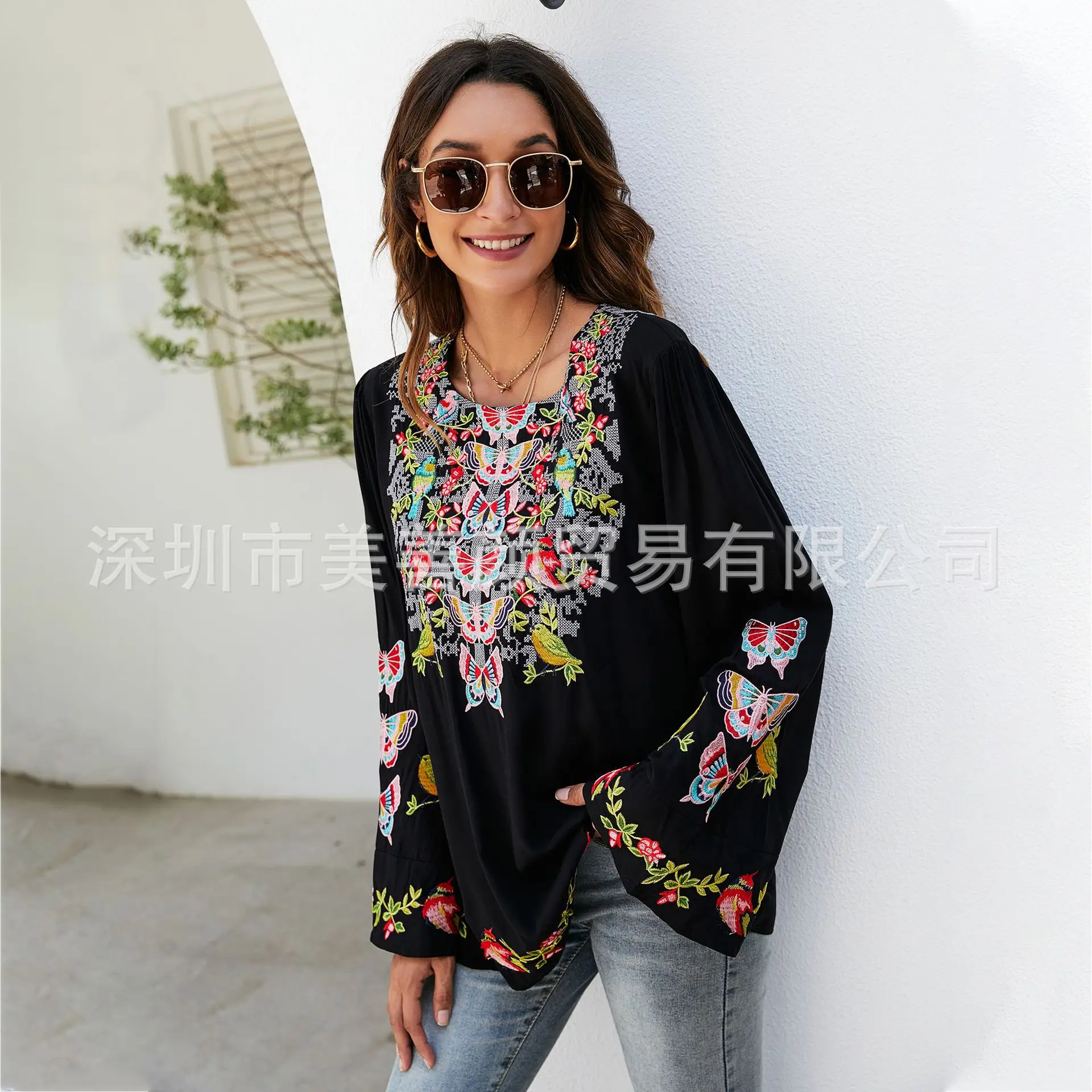 Women\'s Embroidery Blouse Ethnic Style Stitching Long Sleeve Loose Bohemian Chic Plus Size Causal Floral Shirt for Ladies Tunic