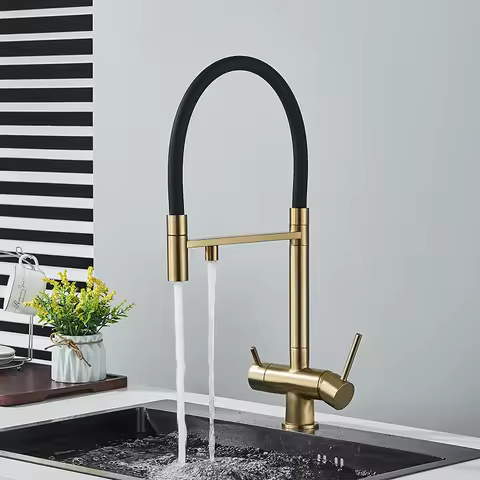 Gray Filtered Kitchen Faucet Dual Spout Hot Cold Mixer Purification Water Crane Filter Water Faucet Deck Mount