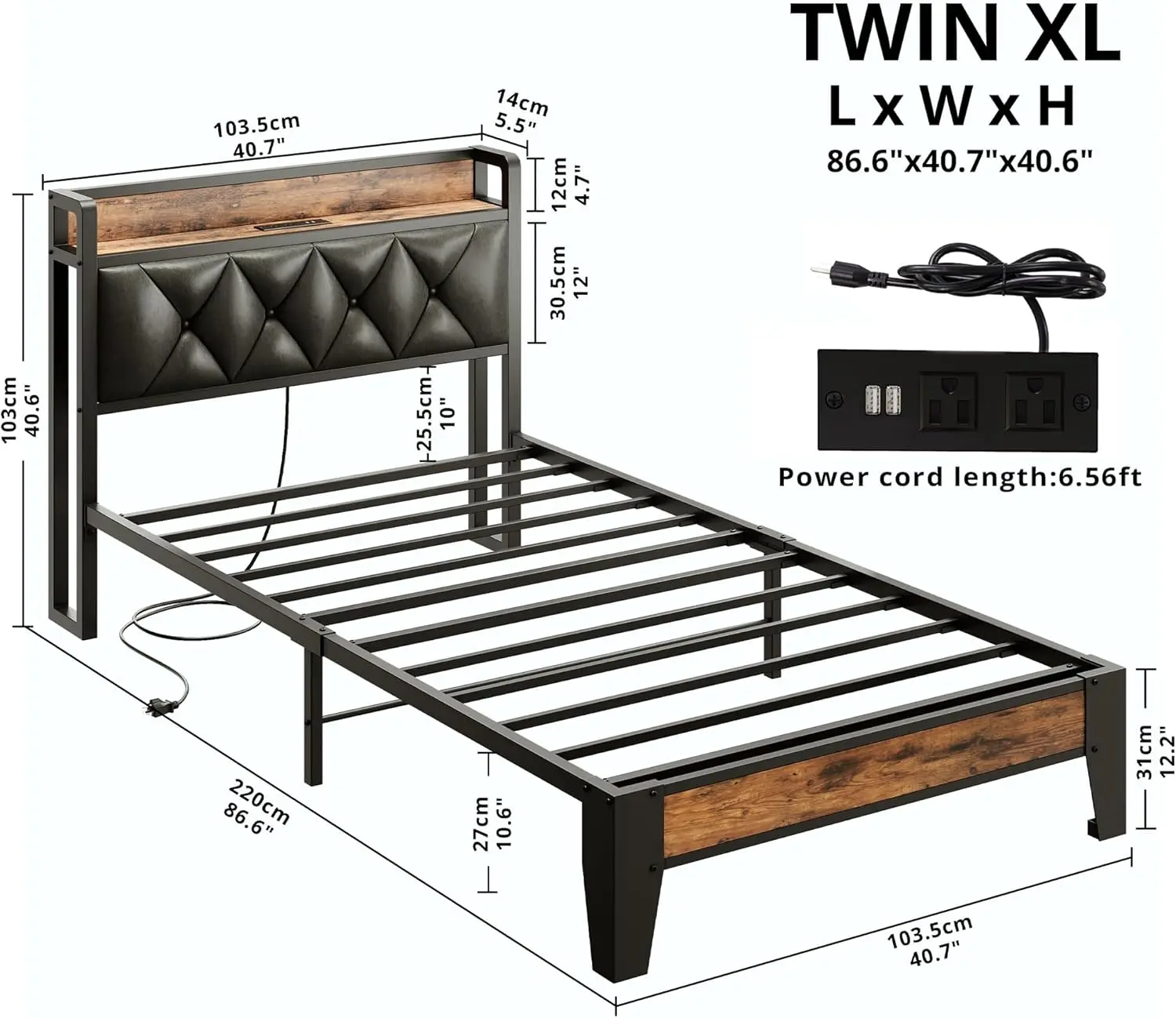 NEW Twin XL Bed Frames, Storage Headboard with Outlets, Easy to Install, Sturdy and Stable, No Noise, No Box Springs Needed