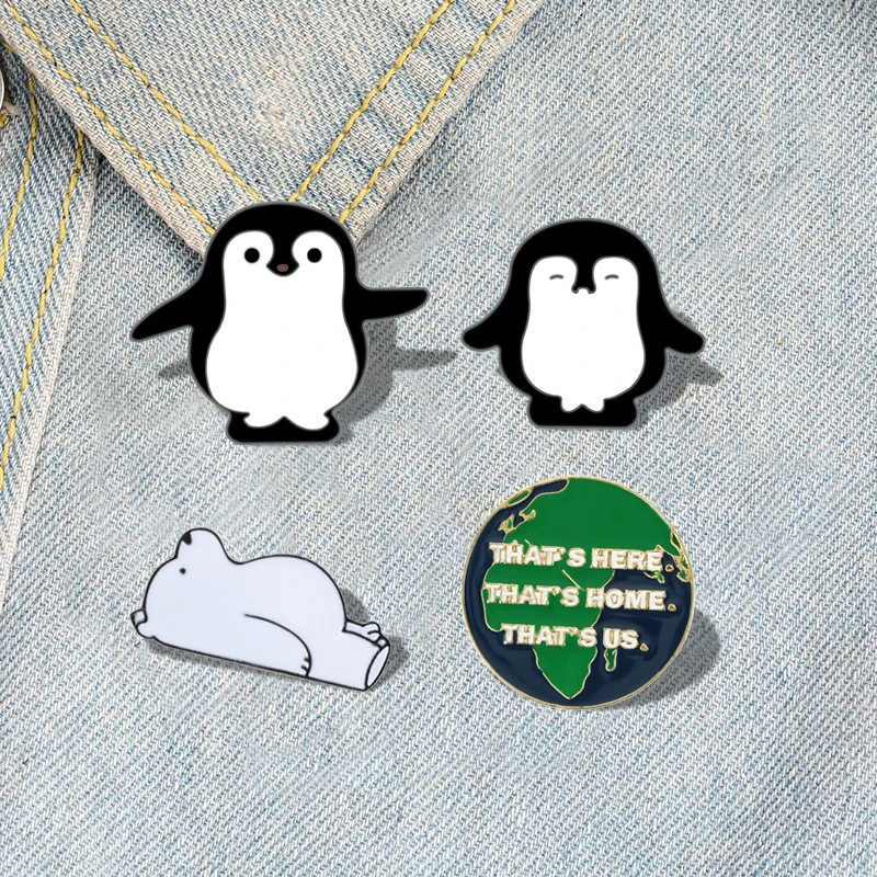 Cartoon Animal Enamel Pins Cute Penguin Polar Bear Brooches Protect Environment Earth Badges Bag Lapel Pin Fashion Jewelry Gifts