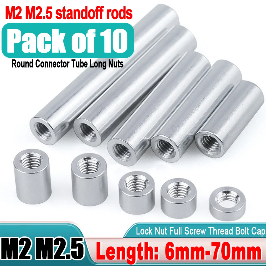 10pcs Aluminum M2 M2.5 All Thread Sleeve Rod Bar Stud Round Connector Tube Long Nuts 6mm-70mm Round Stud Spacer Standoff Rods