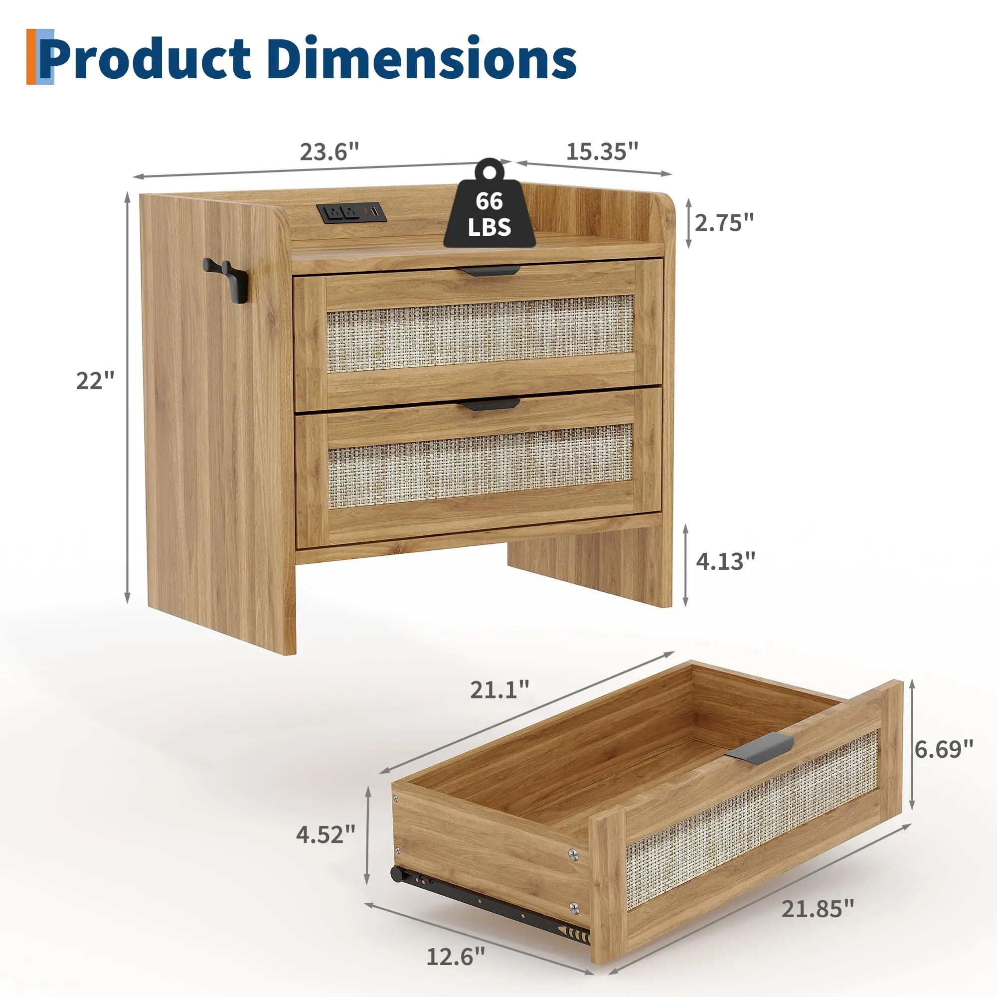 Modern Rattan Bedside Cabinet with Type-C Charging Station – 2 Drawer Boho Bedside Table – Large Wooden End Table with Ample Storage – USB Port – Ideal for Bedroom or Office