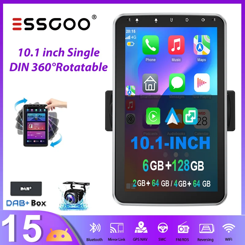 Universal Autoradio ESSGOO Android15 10.1" 4+64 GB / 2+64 GB Drehbar 360° 1 DIN Wireless CarPlay Android Auto GPS Navigation RDS FM WiFi Mikrofon 6+128 GB AUX USB Mirror Link FM Bluetooth Touchscreen