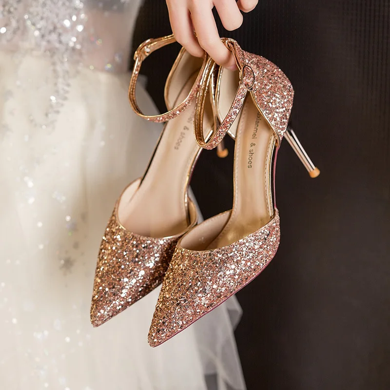 

Новые свадебные туфли большого размера, туфли для подружек невесты, сандалии для взрослых на церемонии с пайетками, с сумкой, украшенные кристаллами, на высоком каблуке