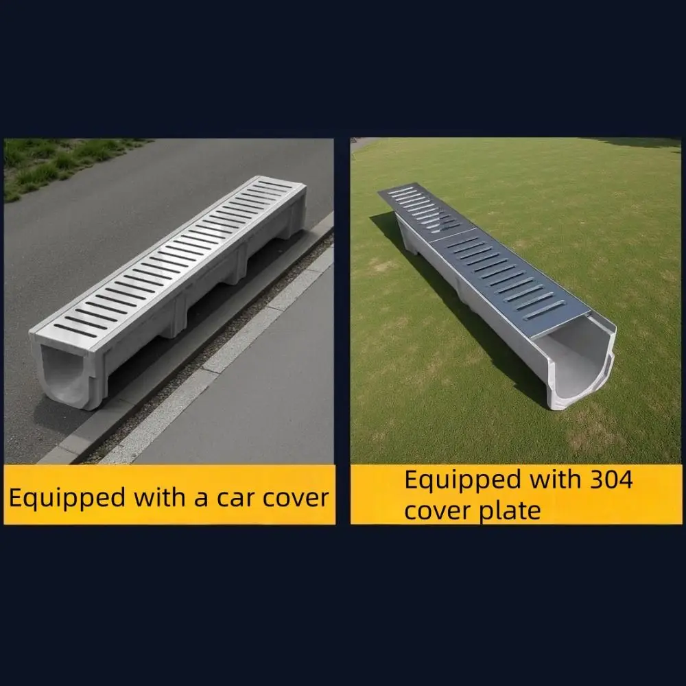 Resin Drainage Gutter Single Row Grate Heavy Duty Finished Drainage Ditch Stainless Steel Cover U-shaped Groove Linear Drain