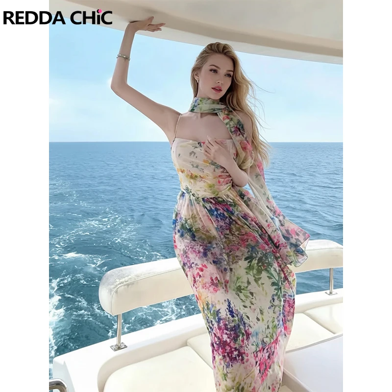 

Вечернее платье REDDACHiC в стиле фейрикор с цветочным принтом, шифоновое, драпированное, макси, на бретельках, цельное, для отпуска, свадьбы, вечеринки, женская одежда