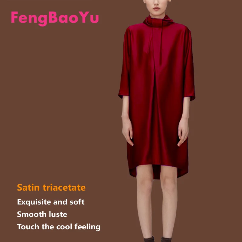 Fengbaoyu Triacetic Acid Spring and Summer Ladies High Collar Seven Minute Sleeve Dress Elegant Light Extravagant Silk Slippery