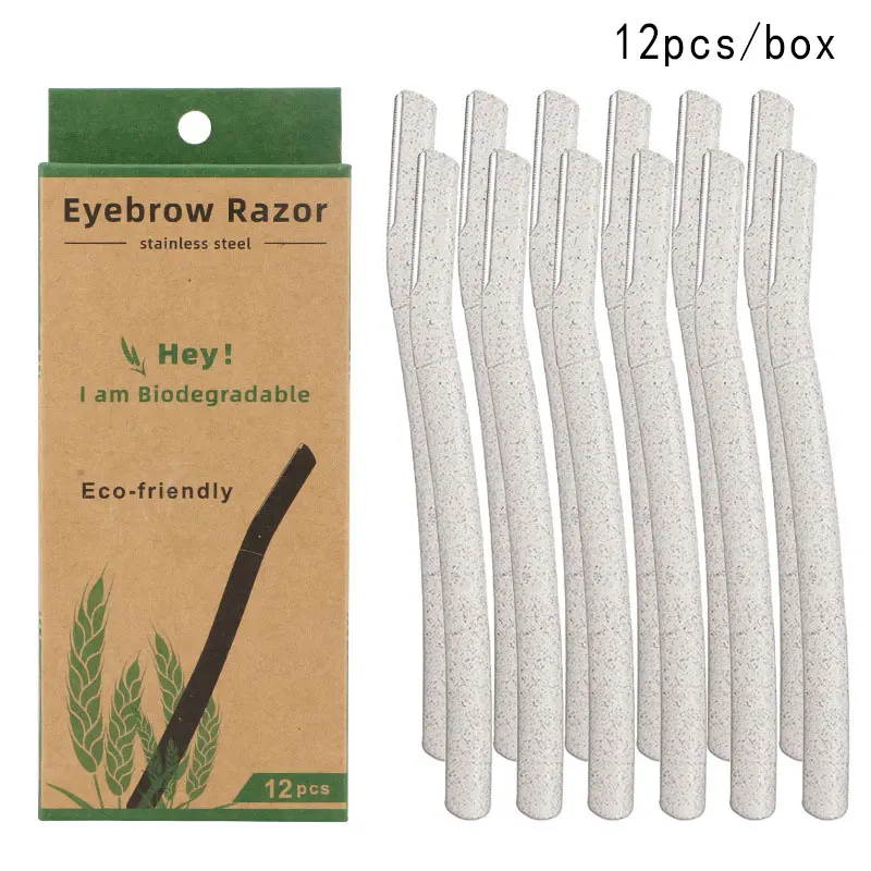 Pack of 12 Biodegradable Eyebrow Razor Eco Friendly Eyebrow Hair Trimmer Wheat Straw Women Face Razor Dermaplaning Blades Kit