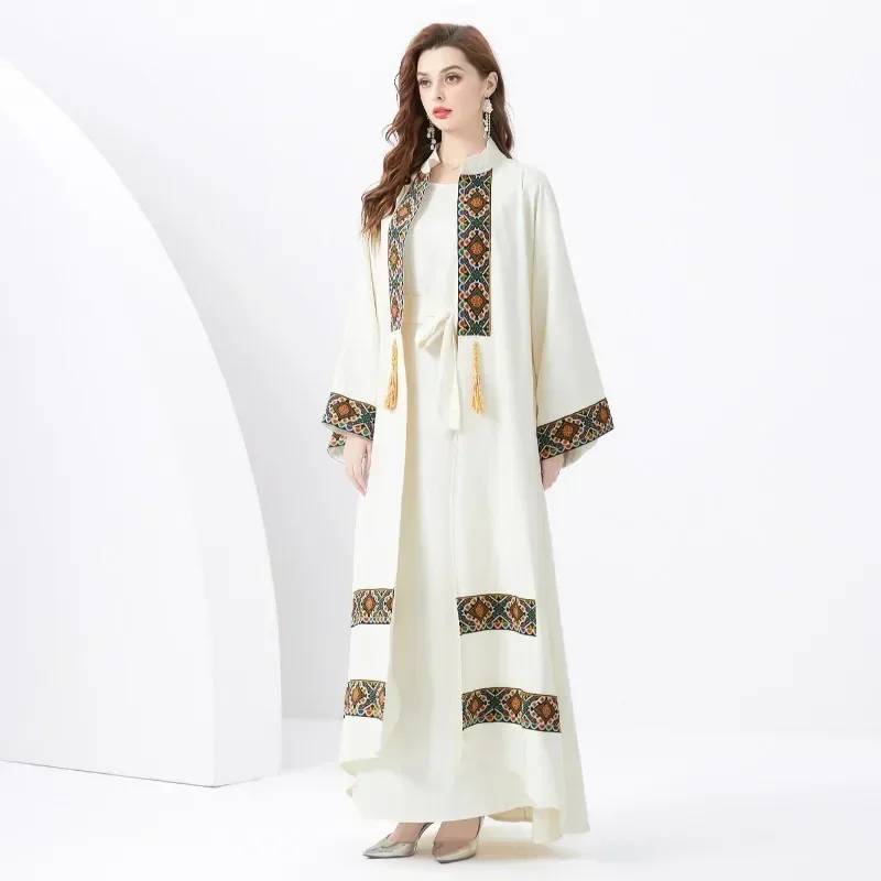 2024 Resort Palace Embroidery Tassel Bell Sleeve Retro Robe Smock Dress Two-piece Set Holiday Outfits Womens Top and Skirt New