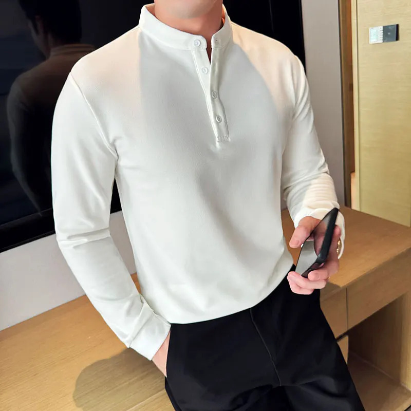 

Autumn Winter Long Sleeved T-shirts Men Stand Collar Solid Color Casual Business T-shirts Slim Henry Collar T-shirt White Black