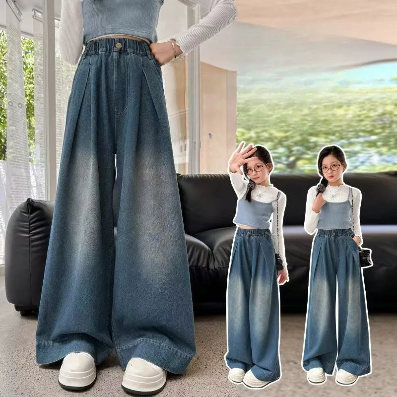 2026 Girls Loose Denim Wide Leg Stylish Pants Versatile Stylish Fall New Big Kids Trendy Casual Long Pants