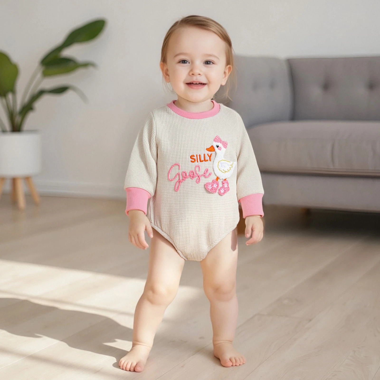 Baby Girls Waffle Romper Long Sleeve Crew Neck Embroidery Goose Letters Bodysuit Clothes for Casual Daily