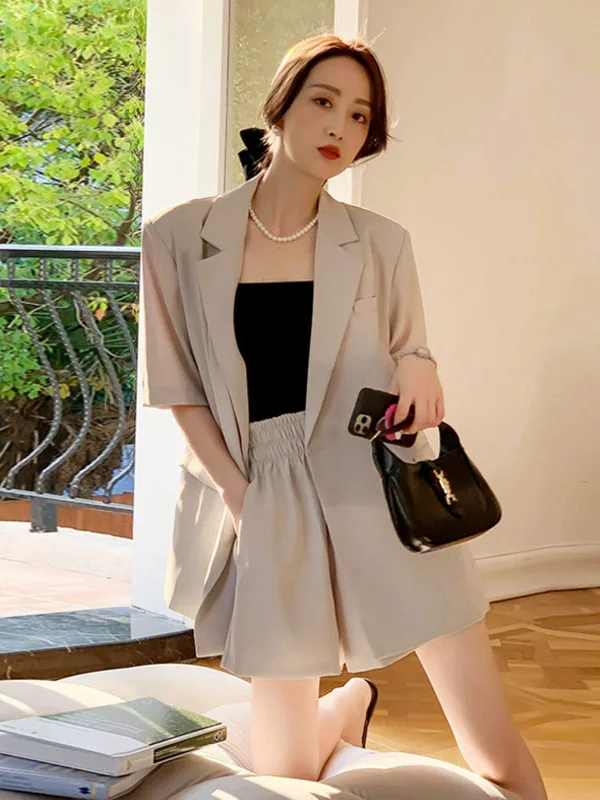 

Slim Fit Casual Women's Suit Set Thin Design Summer ort Pants Two Piece Set Ele Faionable ort Sve Suit Ensemble