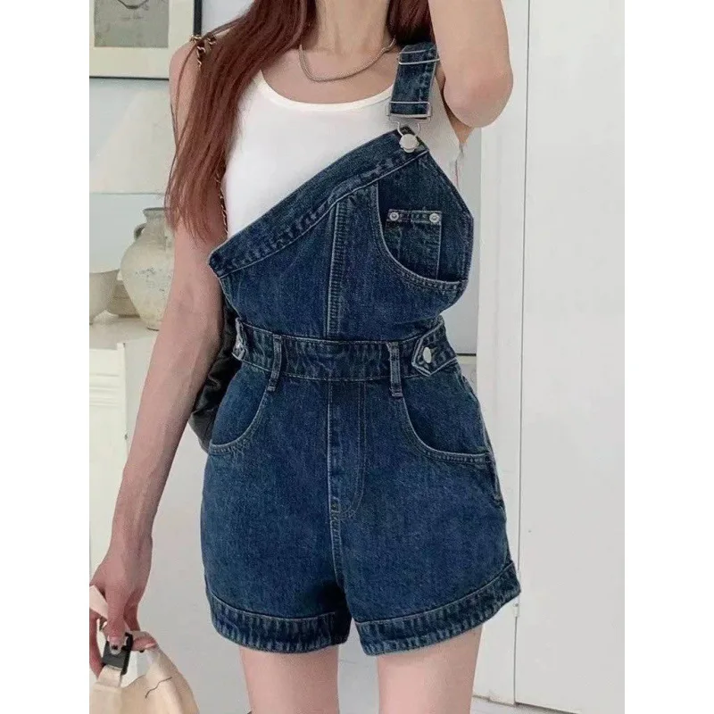 

Unique Single-Shoulder Strap Denim Overalls for Women in Summer2024New Irregular Off-Shoulder Hot Girl One-Piece Wide-Leg Shorts