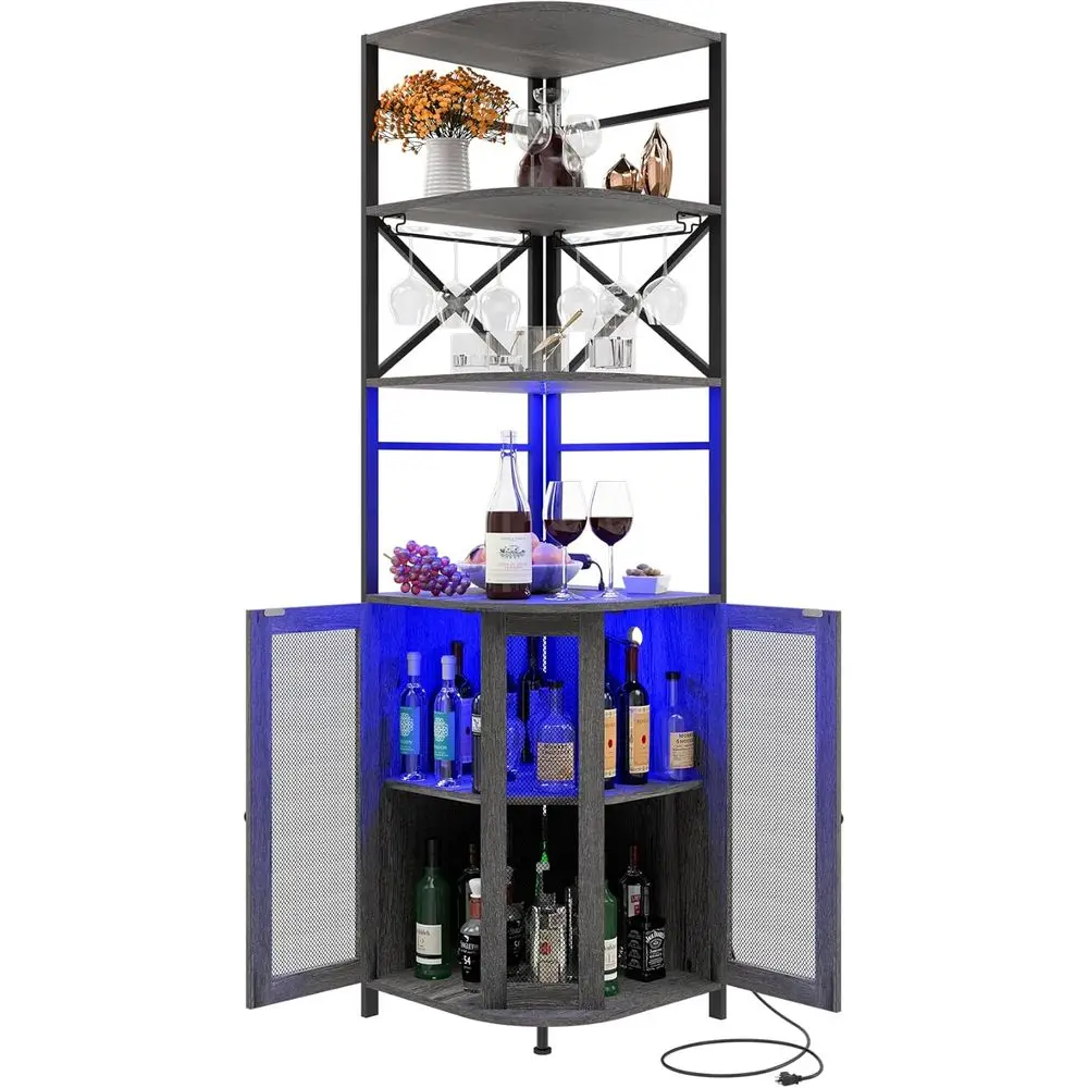 

6-Tiers Wine Bar Cabinet with Power Outlet, Display Wine Cabinet with LED Light and Glass Holder, Bar Cabinet with Adjustable Sh
