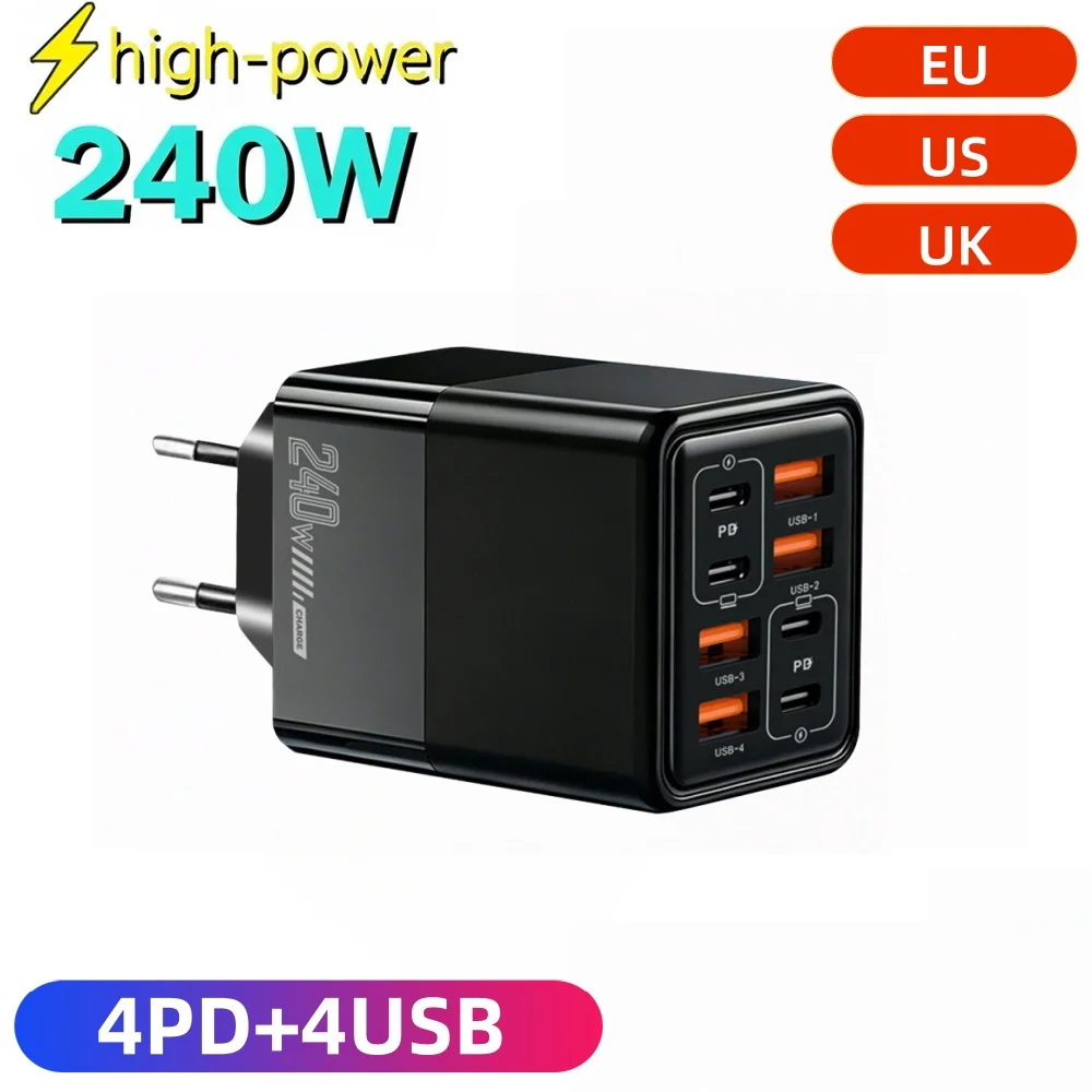 240W USB C Charger 8 in 1 Fast Charging Phone Charger Power Adapter For iPhone Samsung Xiaomi Huawei EU/US/UK Plug Wall Charger