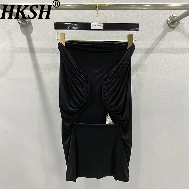 

Женский сексуальный топ HKSH: плиссированный, с вырезами, без бретелек, однотонный, в темном стиле, уличный шик, модный летний топ HK22290