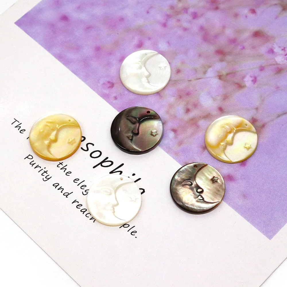 

Compact Natural Freshwater Shell Dyed Yellow Round Carved with Star Moon Patterns Single-sided Single-hole Pendant DIY Jewelry