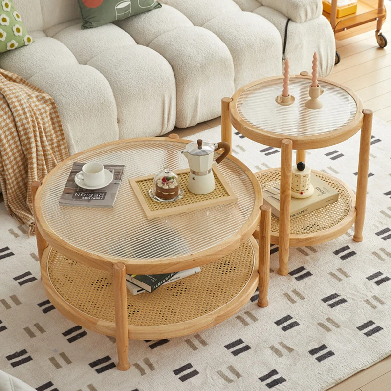 Mesa de café tecida Rattan de madeira maciça, Mesa lateral da sala de estar, Mesa de vidro redonda japonesa