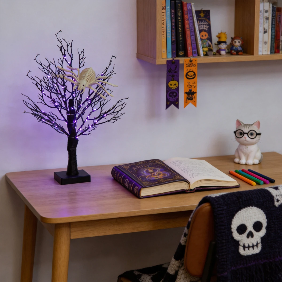 Halloween Black Twig Tree Light with Skeleton Spider, Purple LED Tabletop Lamp, Battery Operated Spooky Indoor Decor for Hallowe