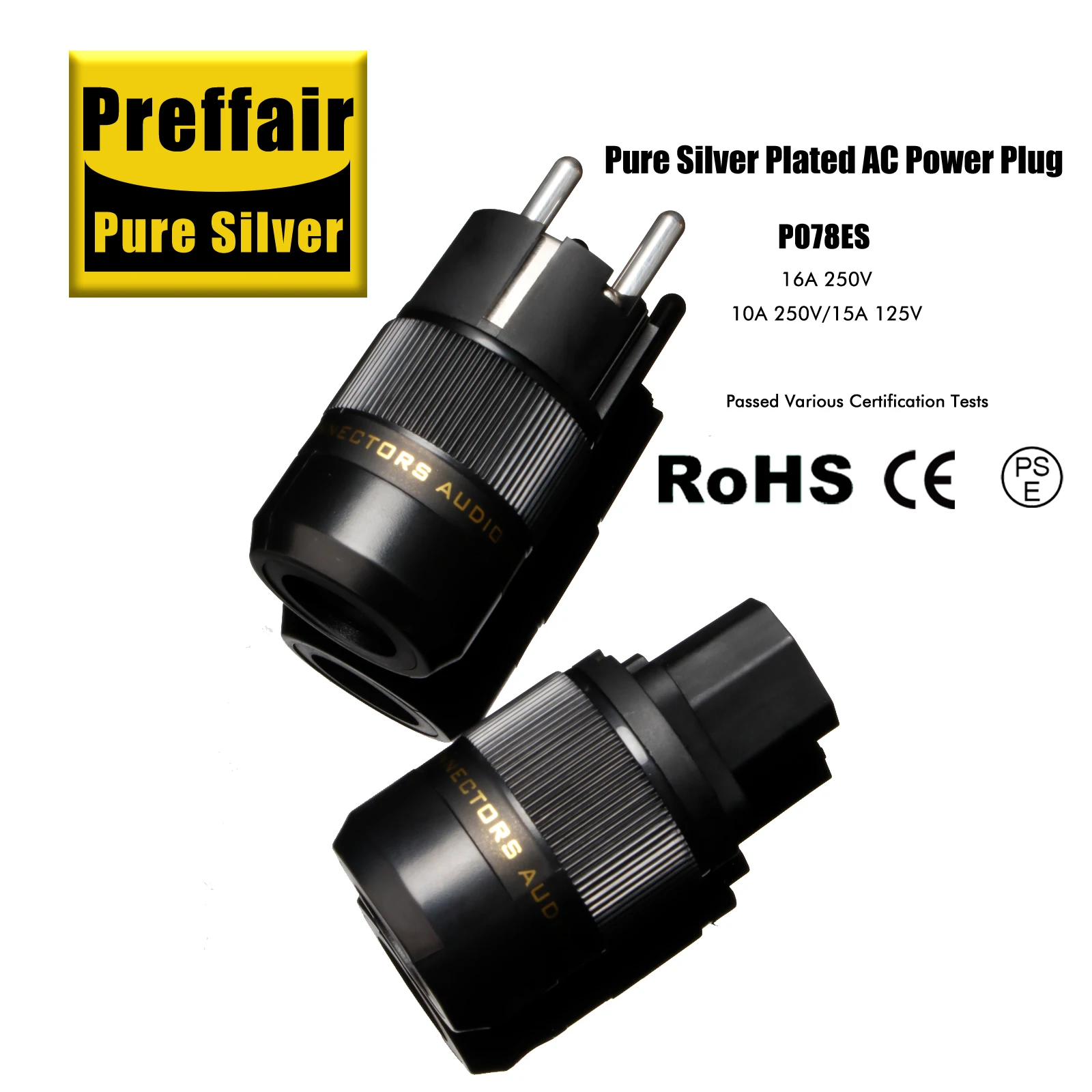 Preffair P078S Pure Silver Plated Schuko Power Connector Audiophile DIY Mains Cord Plug 16A 250V AC HIFI European Plug