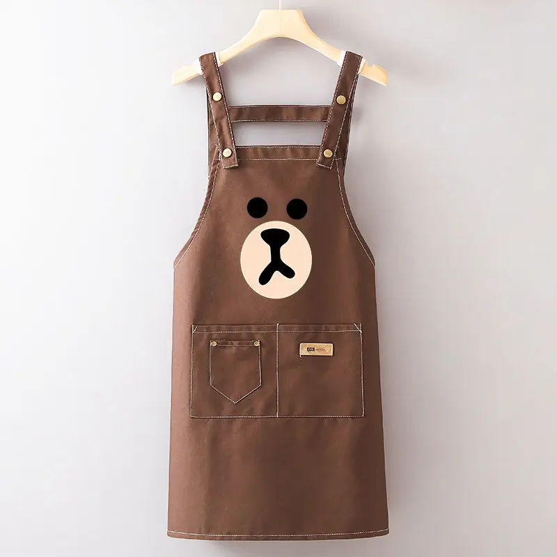 New Brown Cartoon Canvas Long Sleeved Smock Apron Line Friends Women Household Kitchen Anti Fouling Stain Resistant Overalls