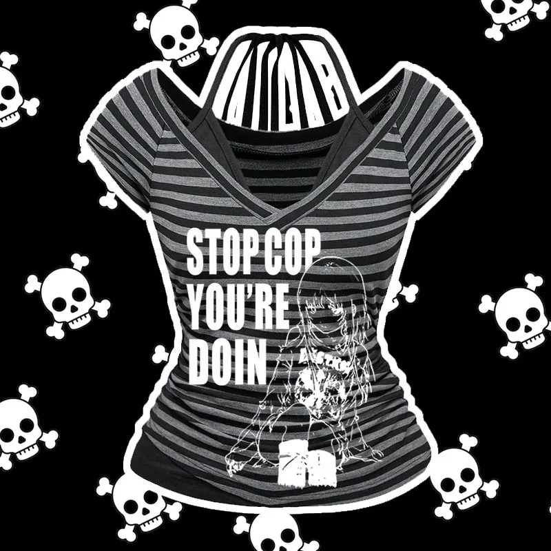 

2025 summer new two-piece imitation contrasting color punk street Y2K style striped clothing Gothic top printed letters kpop