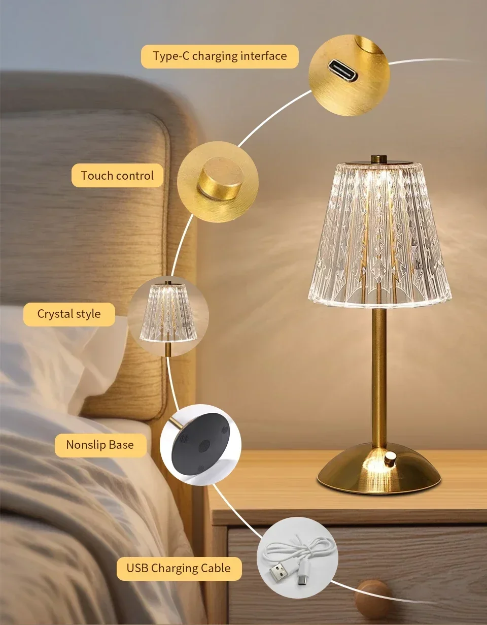 Rechargeable Touch Table Lamp 3 Colors Dimmable Artificial Crystal Lamp Portable Night Light for Bedroom Living Room Restaurant