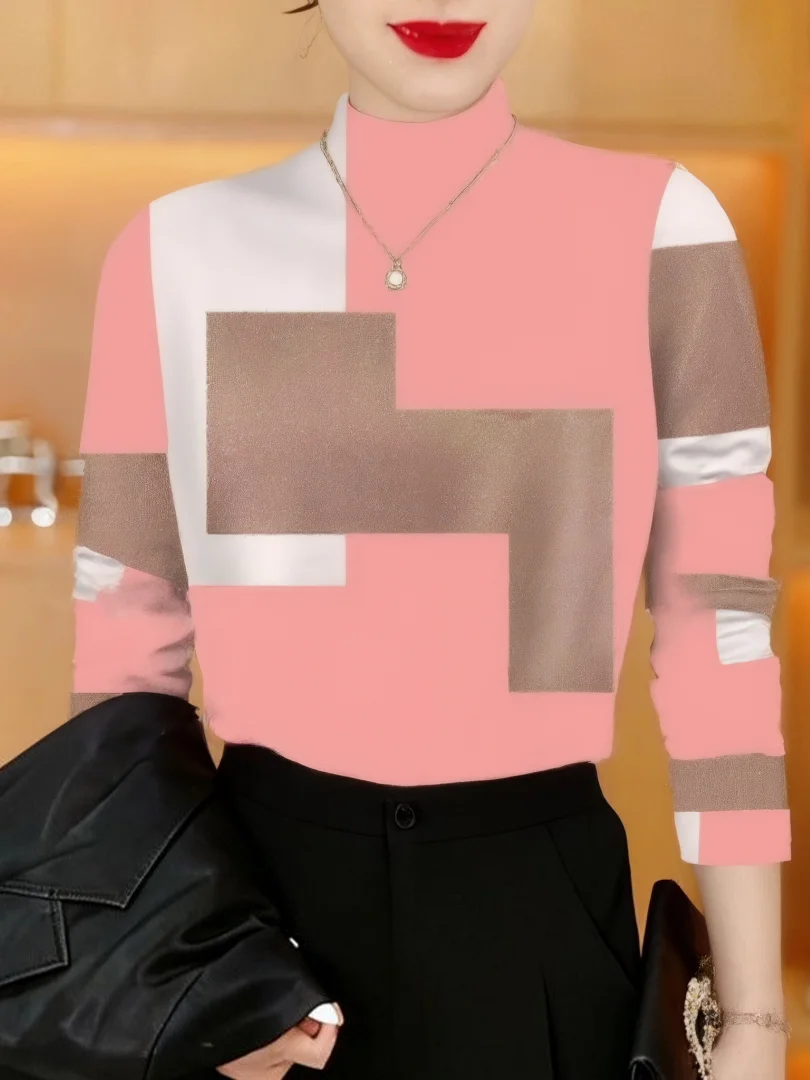 

Модная женская футболка с геометрическим принтом, длинными рукавами, флисовой подкладкой, утолщенная, с воротником-стойкой, в стиле Mom, универсальная, стройнящая.